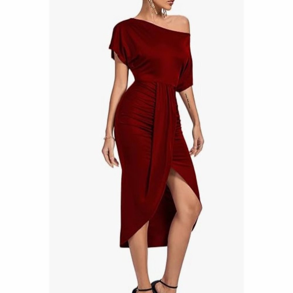 One Off The Shoulder Ruched Wrap Front Split Hem Draped Midi Dress Size Large - Picture 3 of 16